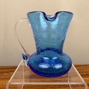 Vintage Blue Crackle Glass Pitcher Hand Blown  Mid Century Modern 4in